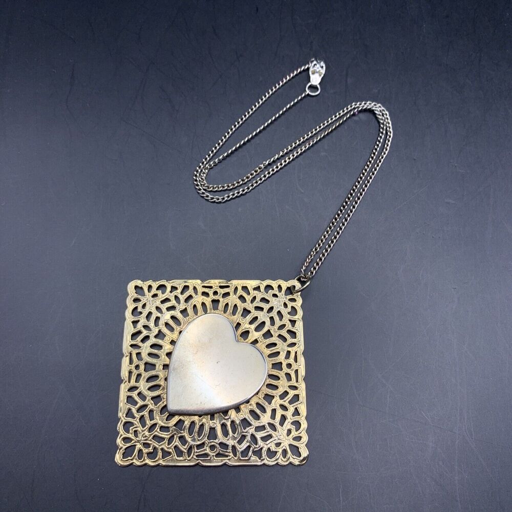 Large Heart Pendant Necklace Gold Tone Filigree Style Bold Vintage